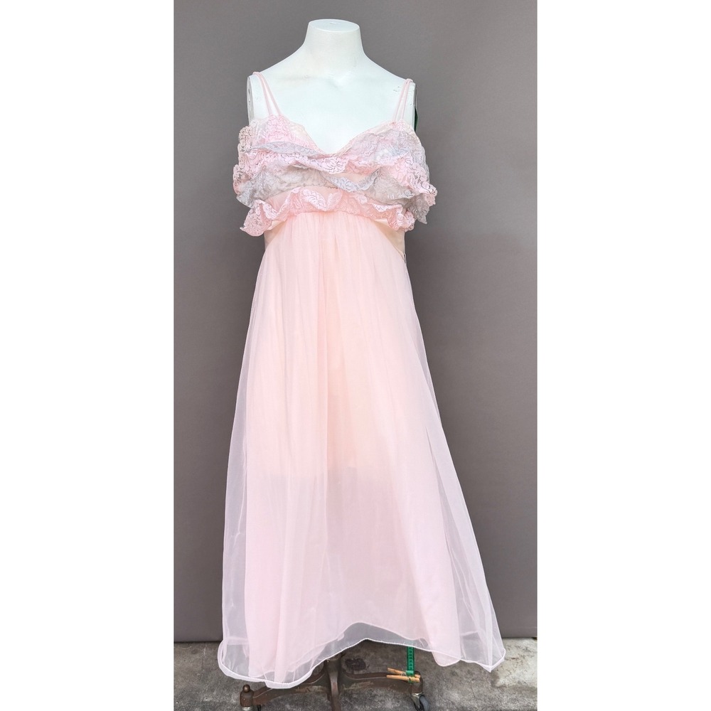 Vintage 60s Wolsey Vanity Fair Pink Lace Negligee Peignoir Nightgown Sz 38 Boho